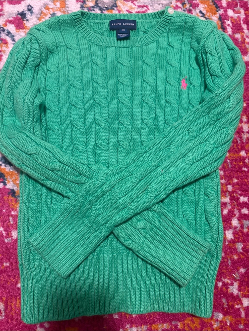 Ralph Lauren Kids Green Cable-Knit Crewneck Sweater with Pink Pony